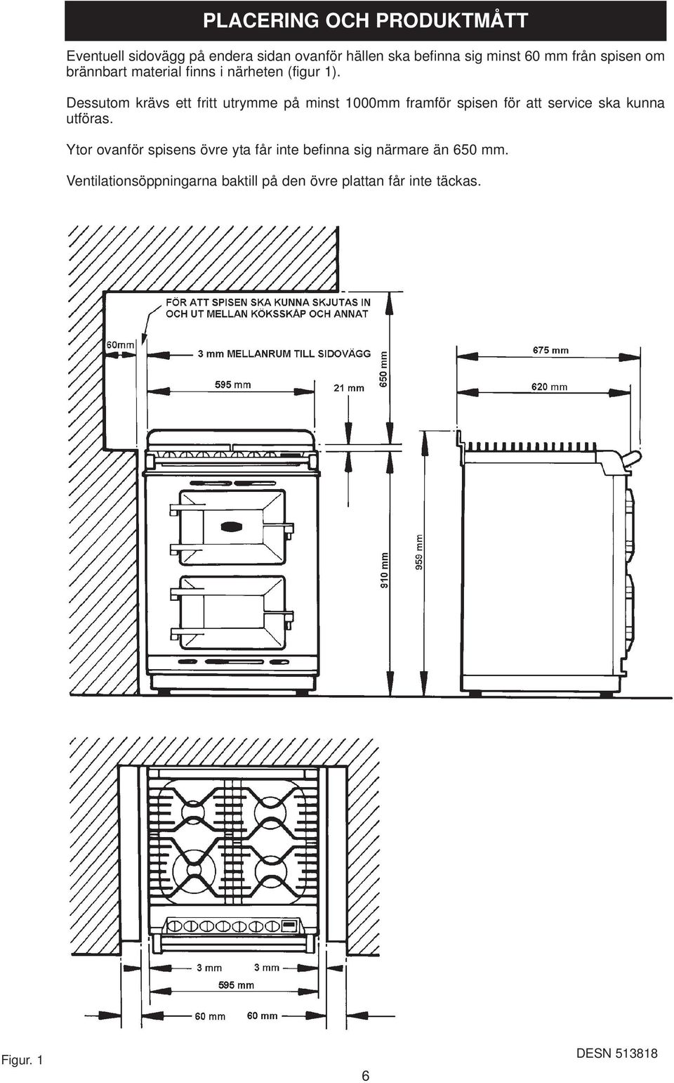 Dessutom krävs ett fritt utrymme på minst 1000mm framför spisen för att service ska kunna utföras.
