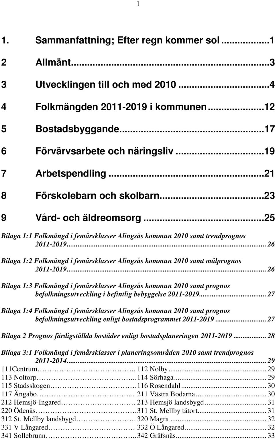 .. 26 Bilaga 1:2 Folkmängd i femårsklasser Alingsås kommun 2010 samt målprognos 2011-2019.