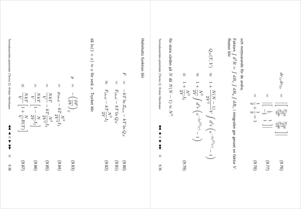 ermodynamiska potentialer (ermo 2): Krister Henriksson 9.35 Helmholtz funktion blir F k lnz kin k lnq N (9.80) F ideal k lnq N (9.8) F ideal k N2 2 I 2 (9.