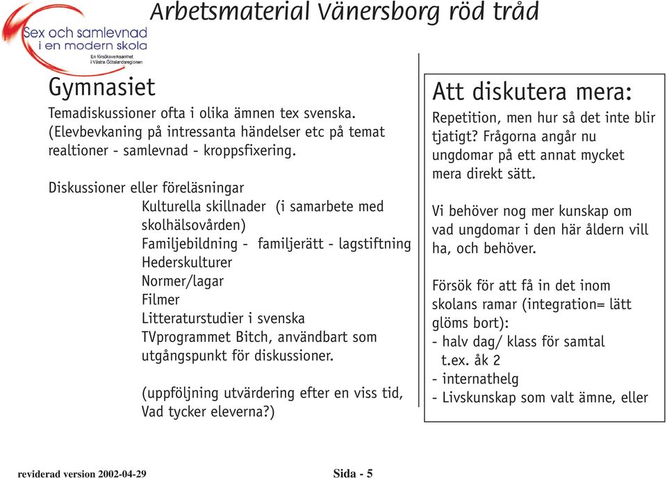 TVprogrammet Bitch, användbart som utgångspunkt för diskussioner. (uppföljning utvärdering efter en viss tid, Vad tycker eleverna?) Att diskutera mera: Repetition, men hur så det inte blir tjatigt?