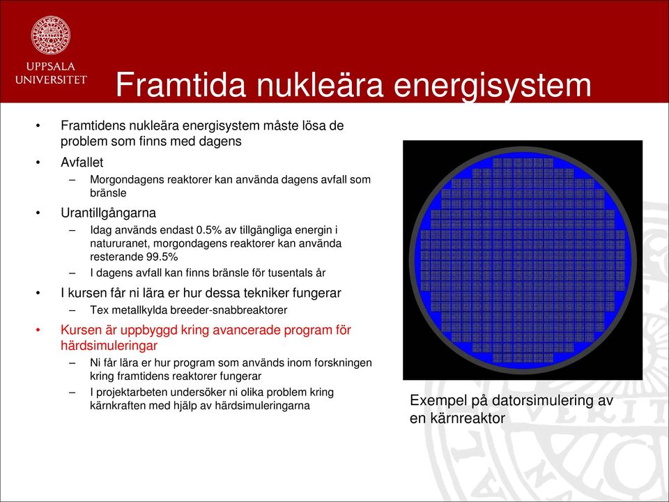 5% I dagens avfall kan finns bränsle för tusentals år I kursen får ni lära er hur dessa tekniker fungerar Tex metallkylda breeder-snabbreaktorer Kursen är uppbyggd kring avancerade