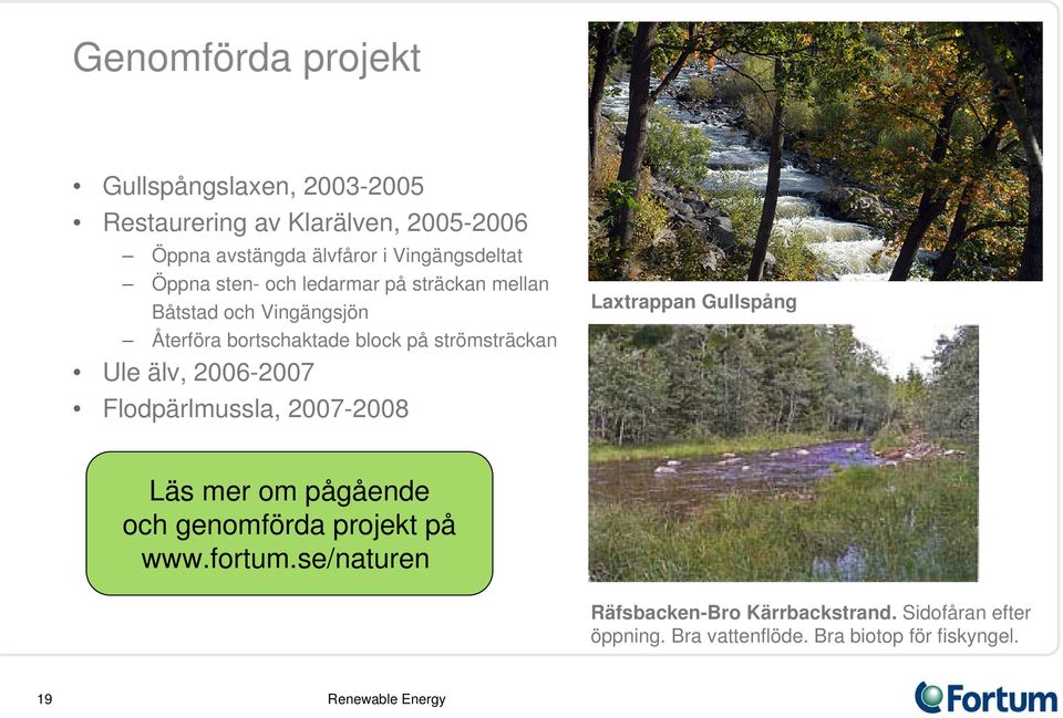 strömsträckan Ule älv, 2006-2007 Flodpärlmussla, 2007-2008 Laxtrappan Gullspång Läs mer om pågående och genomförda