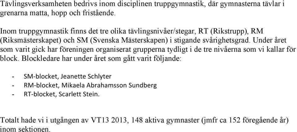 Under året som varit gick har föreningen organiserat grupperna tydligt i de tre nivåerna som vi kallar för block.