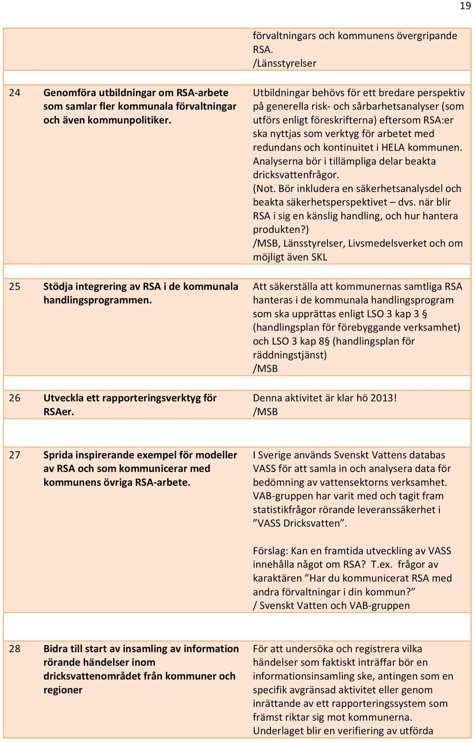 Utbildningar behövs för ett bredare perspektiv på generella risk- och sårbarhetsanalyser (som utförs enligt föreskrifterna) eftersom RSA:er ska nyttjas som verktyg för arbetet med redundans och