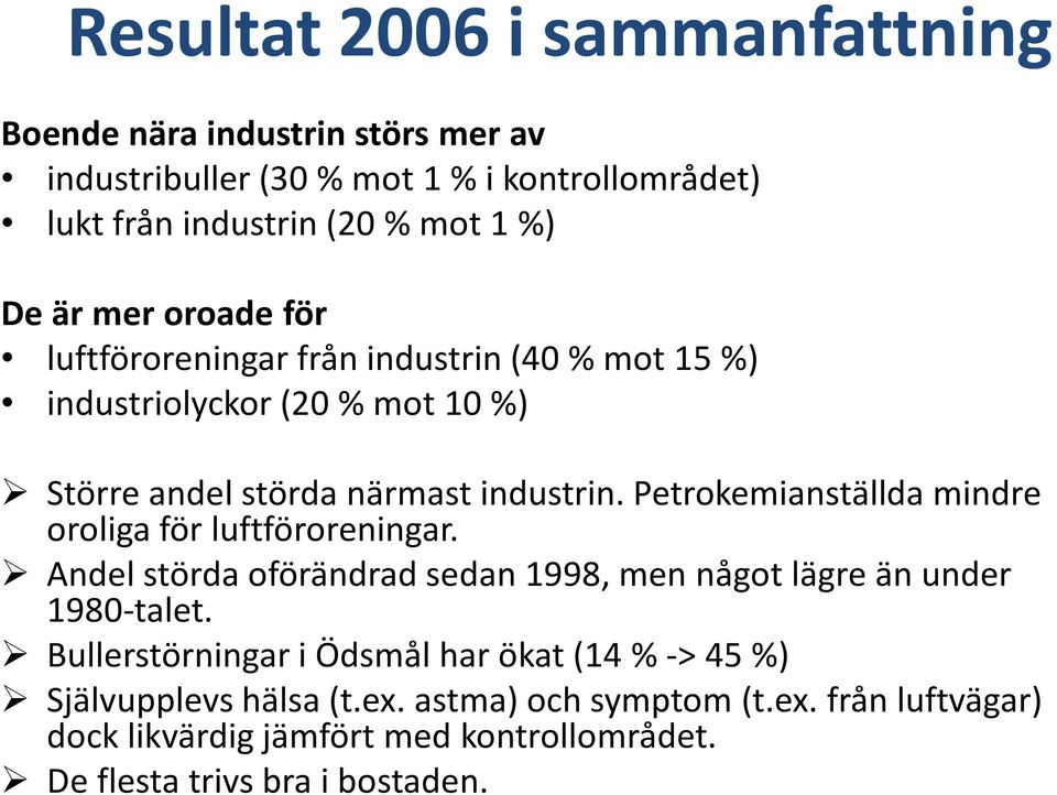 Petrokemianställda mindre oroliga för luftföroreningar. Andel störda oförändrad sedan, men något lägre än under 1980-talet.