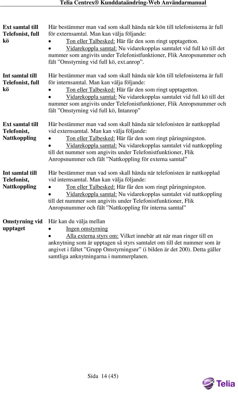 Vidarekoppla samtal: Nu vidarekopplas samtalet vid full kö till det nummer som angivits under Telefonistfunktioner, Flik Anropsnummer och fält Omstyrning vid full kö, ext.anrop.