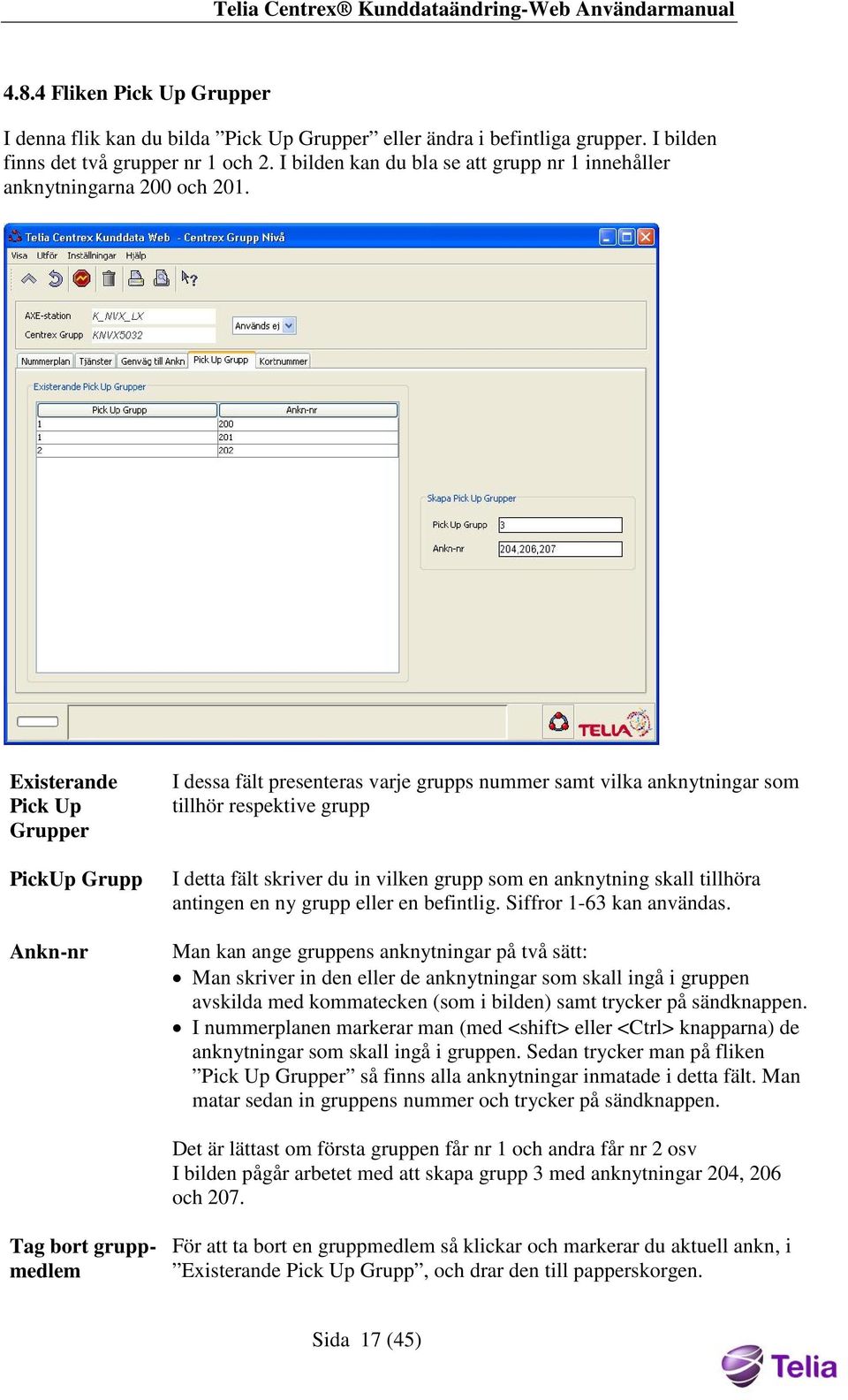 Existerande Pick Up Grupper PickUp Grupp Ankn-nr I dessa fält presenteras varje grupps nummer samt vilka anknytningar som tillhör respektive grupp I detta fält skriver du in vilken grupp som en