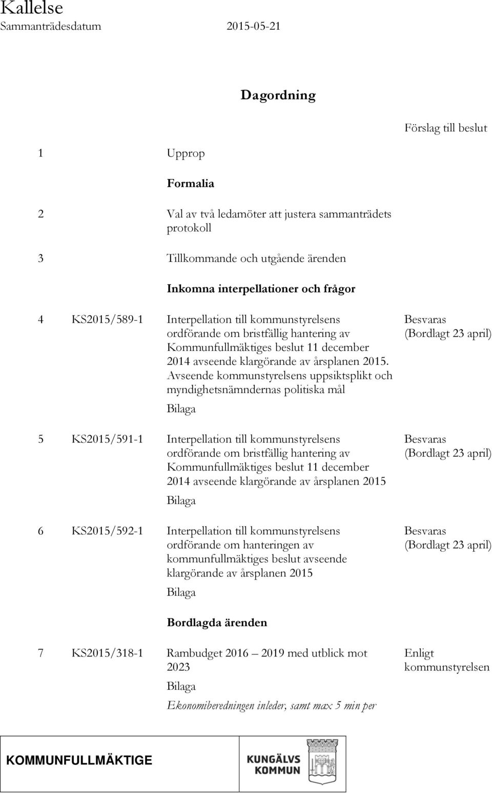 2015. Avseende kommunstyrelsens uppsiktsplikt och myndighetsnämndernas politiska mål Bilaga 5 KS2015/591-1 Interpellation till kommunstyrelsens ordförande om bristfällig hantering av