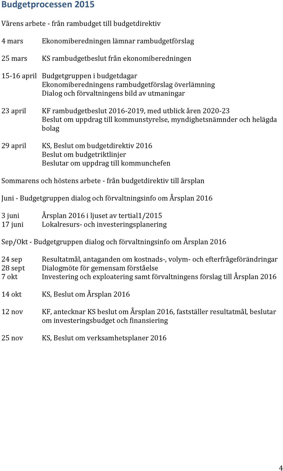 kommunstyrelse, myndighetsnämnder och helägda bolag 29 april KS, Beslut om budgetdirektiv 2016 Beslut om budgetriktlinjer Beslutar om uppdrag till kommunchefen Sommarens och höstens arbete - från