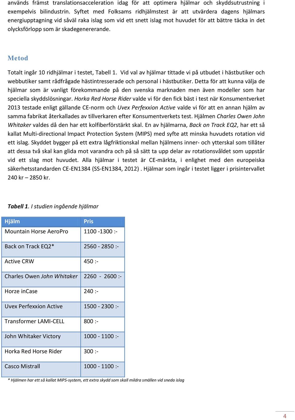 skadegenererande. Metod Totalt ingår 10 ridhjälmar i testet, Tabell 1.