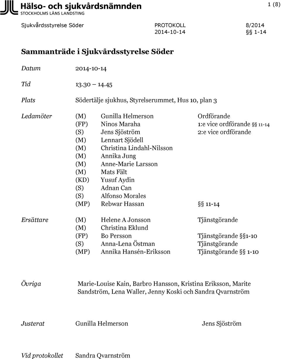 Sjödell (M) Christina Lindahl-Nilsson (M) Annika Jung (M) Anne-Marie Larsson (M) Mats Fält (KD) Yusuf Aydin (S) Adnan Can (S) Alfonso Morales (MP) Rebwar Hassan 11-14 Ersättare (M) Helene A Jonsson