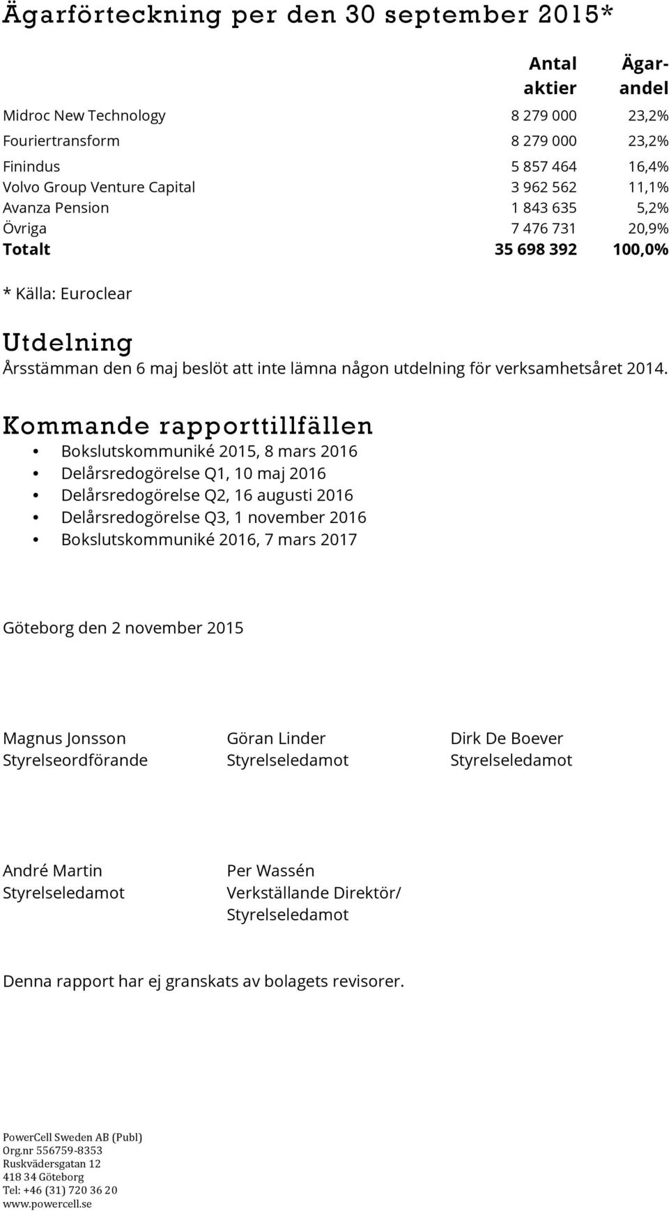 Kommande rapporttillfällen Bokslutskommuniké, 8 mars 2016 Delårsredogörelse Q1, 10 maj 2016 Delårsredogörelse Q2, 16 augusti 2016 Delårsredogörelse Q3, 1 november 2016 Bokslutskommuniké 2016, 7 mars