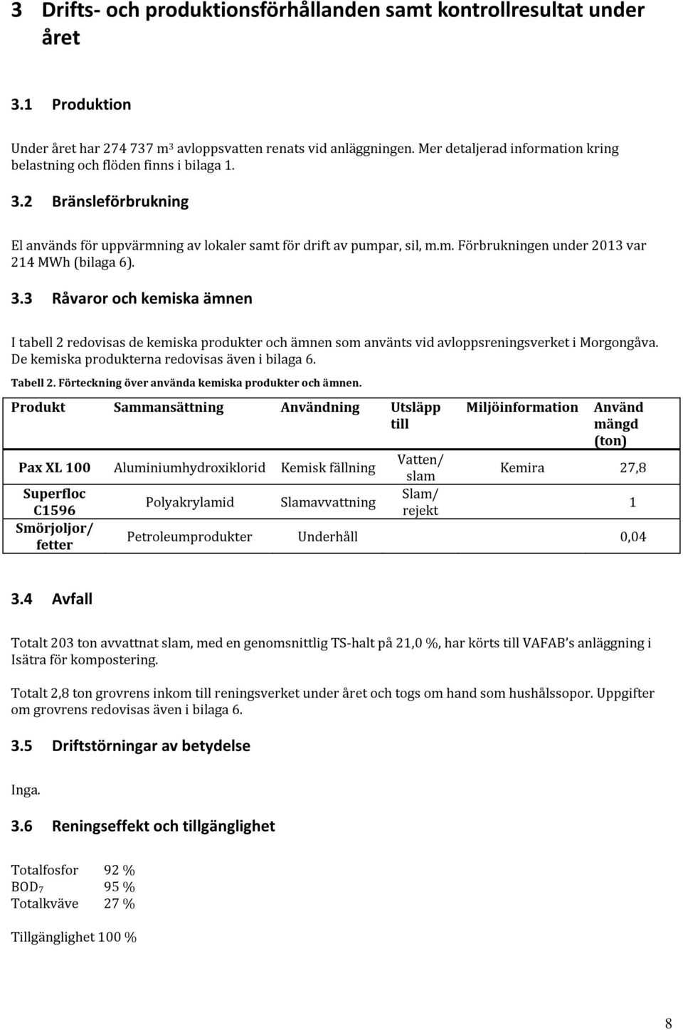 3.3 Råvaror och kemiska ämnen I tabell 2 redovisas de kemiska produkter och ämnen som använts vid avloppsreningsverket i Morgongåva. De kemiska produkterna redovisas även i bilaga 6. Tabell 2.