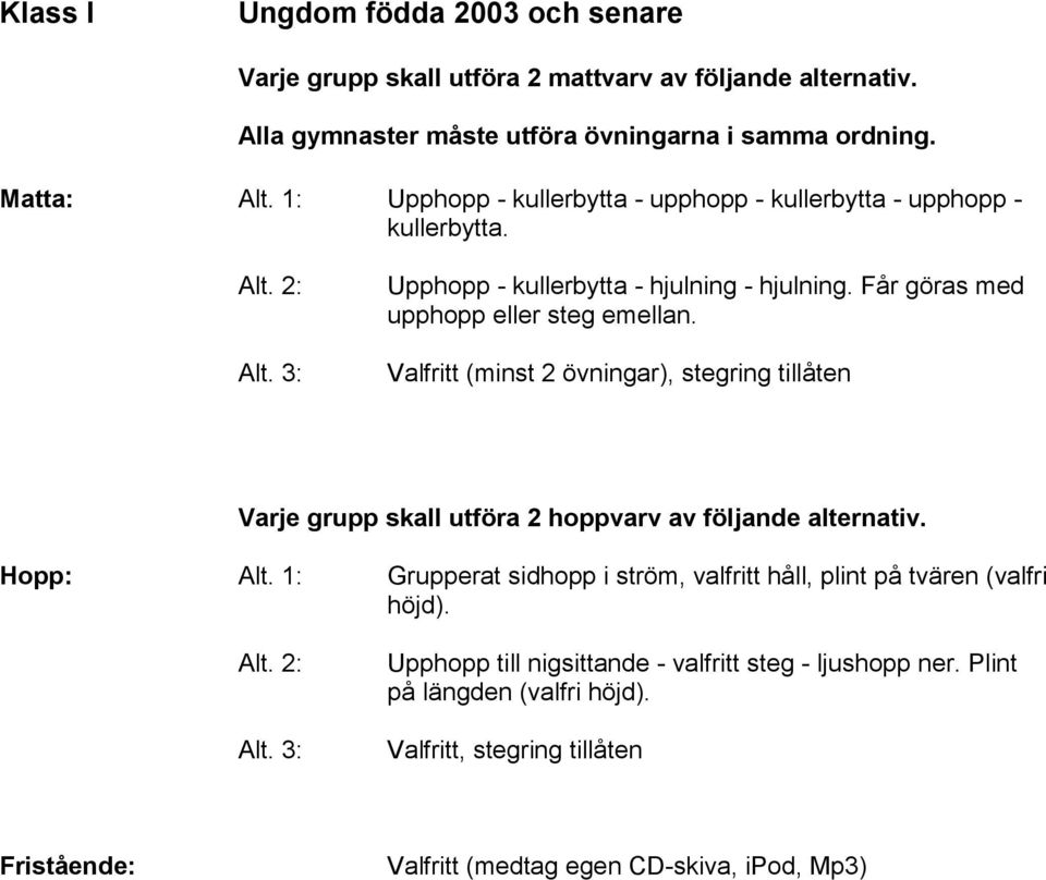 Valfritt (minst 2 övningar), stegring tillåten Varje grupp skall utföra 2 hoppvarv av följande alternativ. Hopp: Alt.