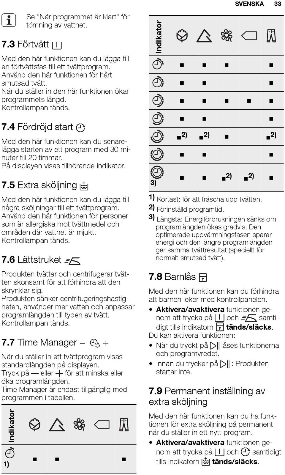 4 Fördröjd start Med den här funktionen kan du senarelägga starten av ett program med 30 minuter till 20 timmar. På displayen visas tillhörande indikator. 2) 2) 2) 2) 2) 7.