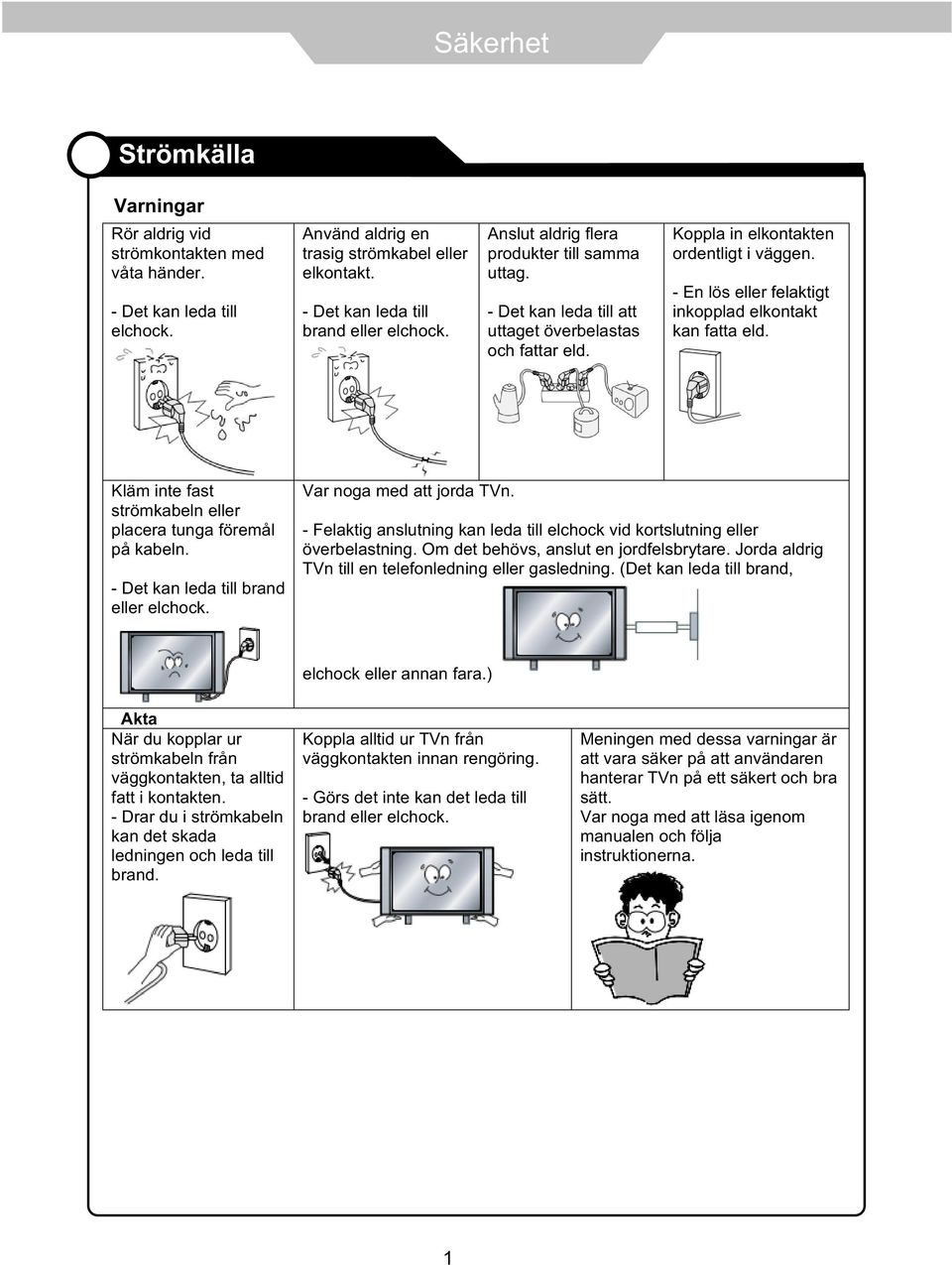 - En lös eller felaktigt inkopplad elkontakt kan fatta eld. Kläm inte fast strömkabeln eller placera tunga föremål på kabeln. - Det kan leda till brand eller elchock. Var noga med att jorda TVn.