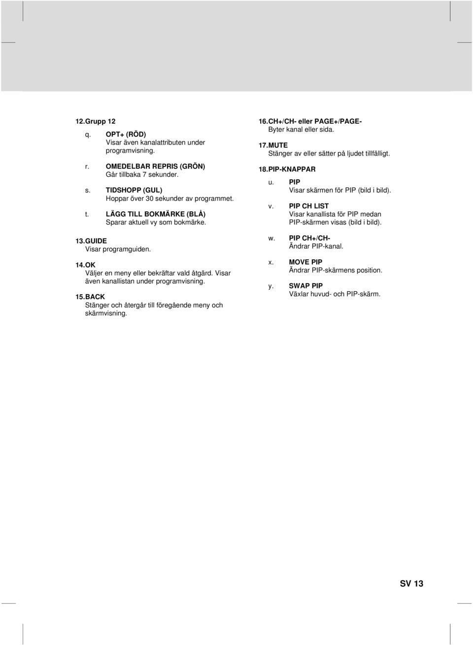 CH+/CH- eller PAGE+/PAGE- Byter kanal eller sida. 17.MUTE Stänger av eller sätter på ljudet tillfälligt. 18.PIP-KNAPPAR u. PIP Visar skärmen för PIP (bild i bild). v.