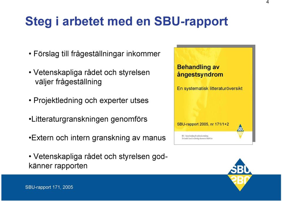 Projektledning och experter utses Litteraturgranskningen genomförs SBU-rapport 2005, nr 171/1+2