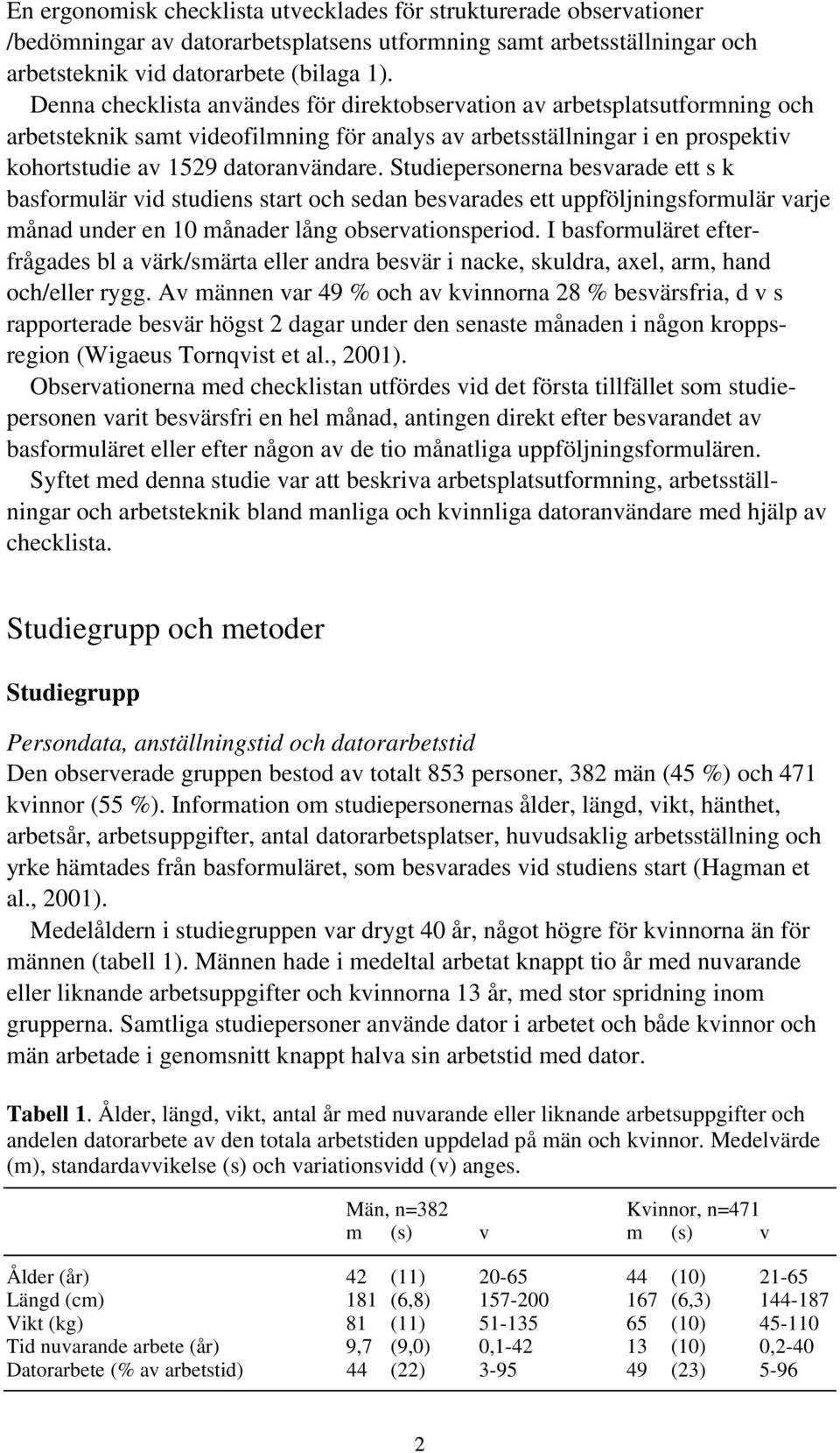 Studiepersonerna besvarade ett s k basformulär vid studiens start och sedan besvarades ett uppföljningsformulär varje månad under en 10 månader lång observationsperiod.