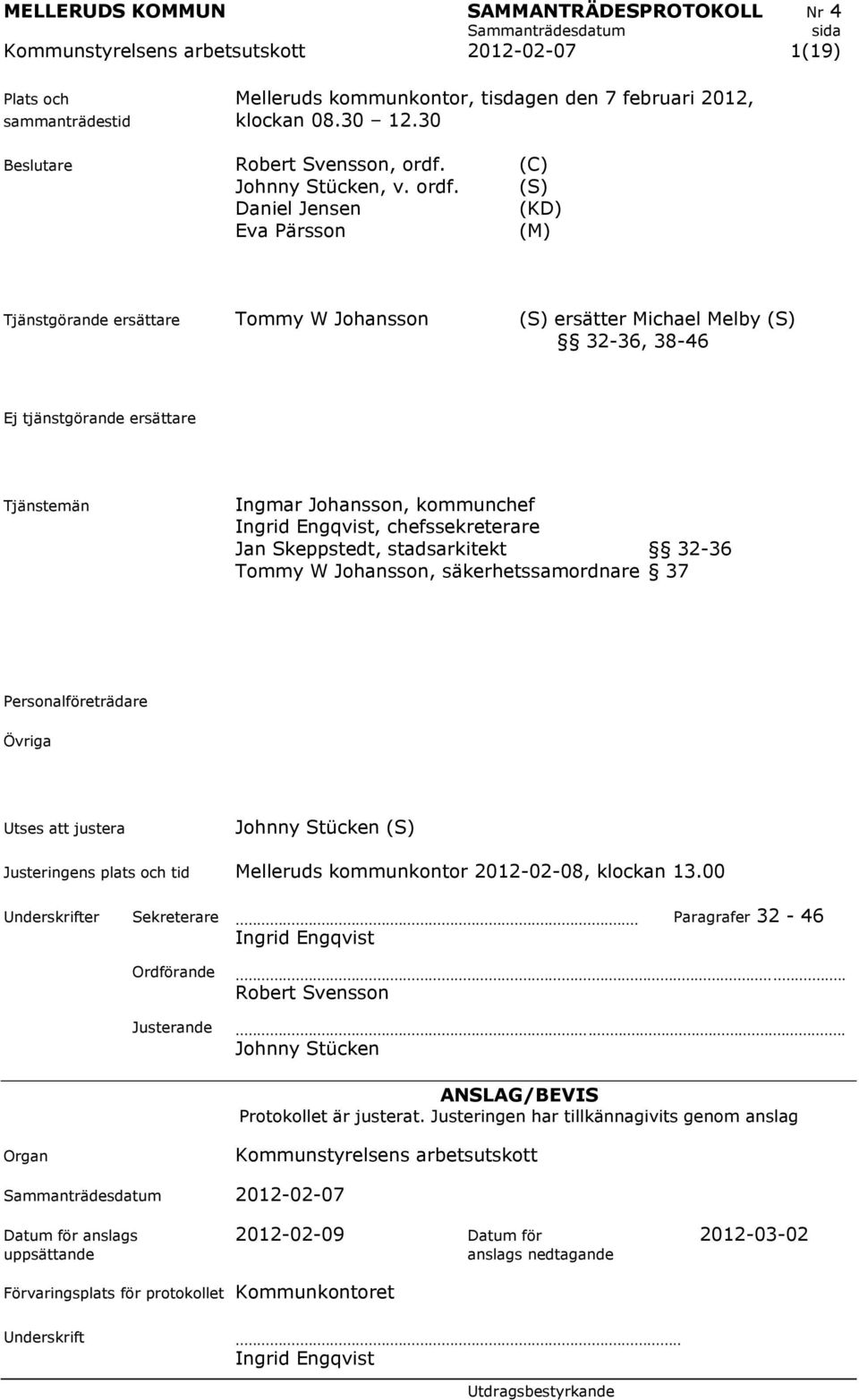 (S) Daniel Jensen (KD) Eva Pärsson (M) Tjänstgörande ersättare Tommy W Johansson (S) ersätter Michael Melby (S) 32-36, 38-46 Ej tjänstgörande ersättare Tjänstemän Ingmar Johansson, kommunchef Ingrid