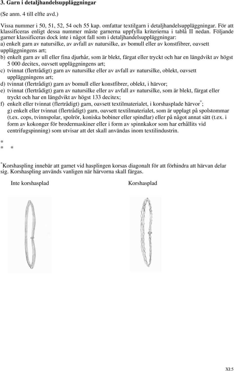 Följande garner klassificeras dock inte i något fall som i detaljhandelsuppläggningar: a) enkelt garn av natursilke, av avfall av natursilke, av bomull eller av konstfibrer, oavsett uppläggningens