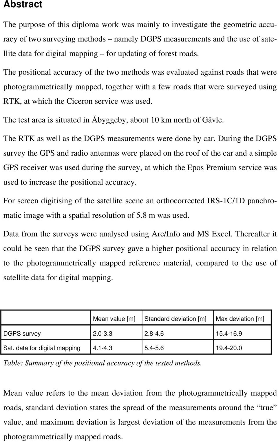 The positional accuracy of the two methods was evaluated against roads that were photogrammetrically mapped, together with a few roads that were surveyed using RTK, at which the Ciceron service was