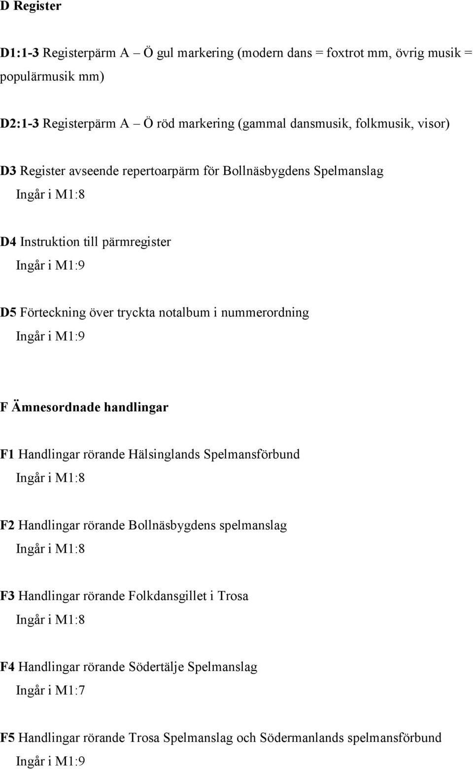 Ingår i M1:9 F Ämnesordnade handlingar F1 Handlingar rörande Hälsinglands Spelmansförbund Ingår i M1:8 F2 Handlingar rörande Bollnäsbygdens spelmanslag Ingår i M1:8 F3 Handlingar