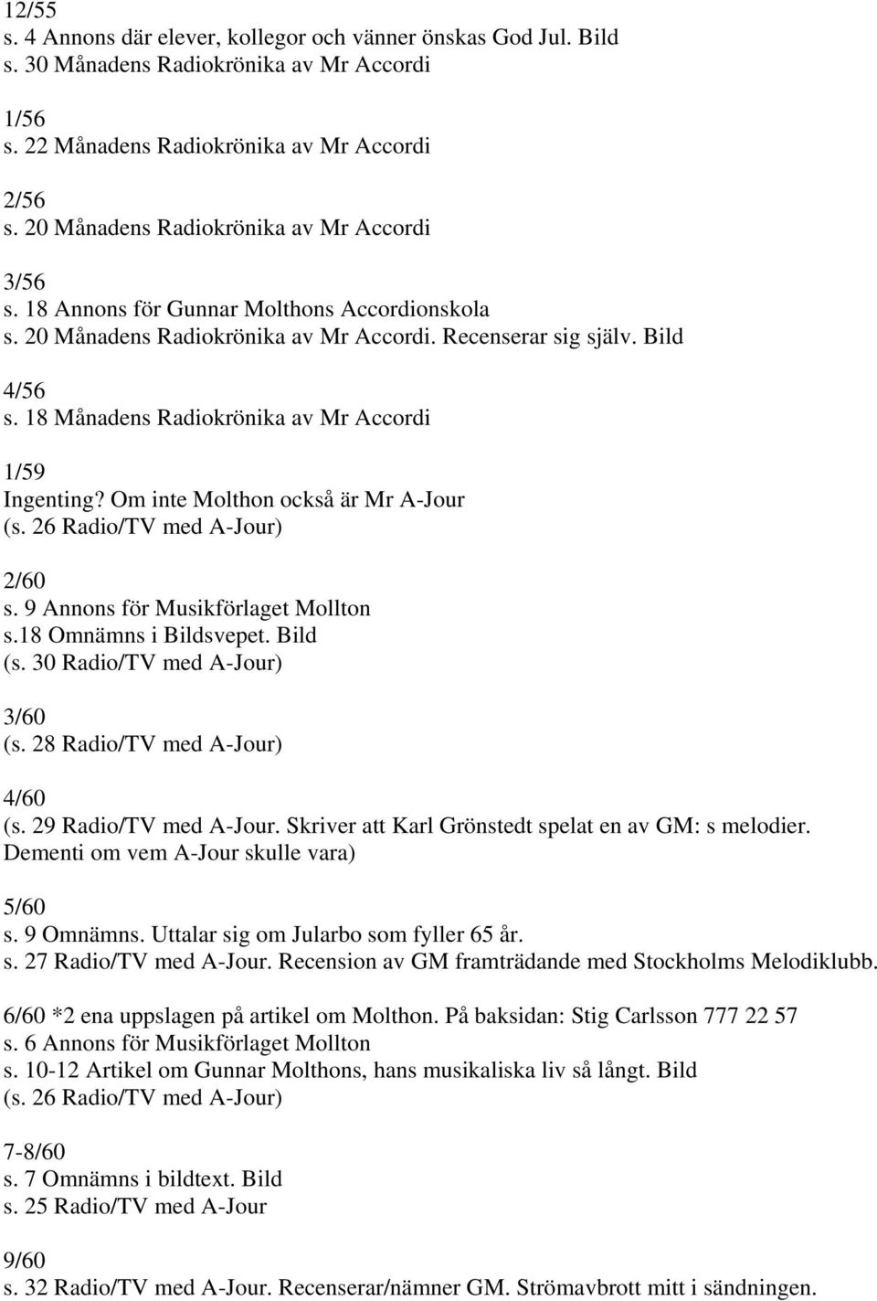 18 Månadens Radiokrönika av Mr Accordi 1/59 Ingenting? Om inte Molthon också är Mr A-Jour (s. 26 Radio/TV med A-Jour) 2/60 s. 9 Annons för Musikförlaget Mollton s.18 Omnämns i Bildsvepet. Bild (s.