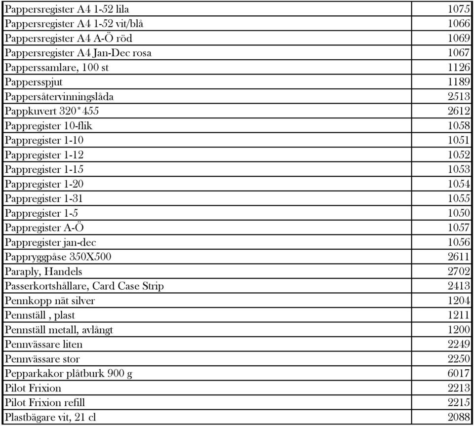 1055 Pappregister 1-5 1050 Pappregister A-Ö 1057 Pappregister jan-dec 1056 Pappryggpåse 350X500 2611 Paraply, Handels 2702 Passerkortshållare, Card Case Strip 2413 Pennkopp nät silver 1204