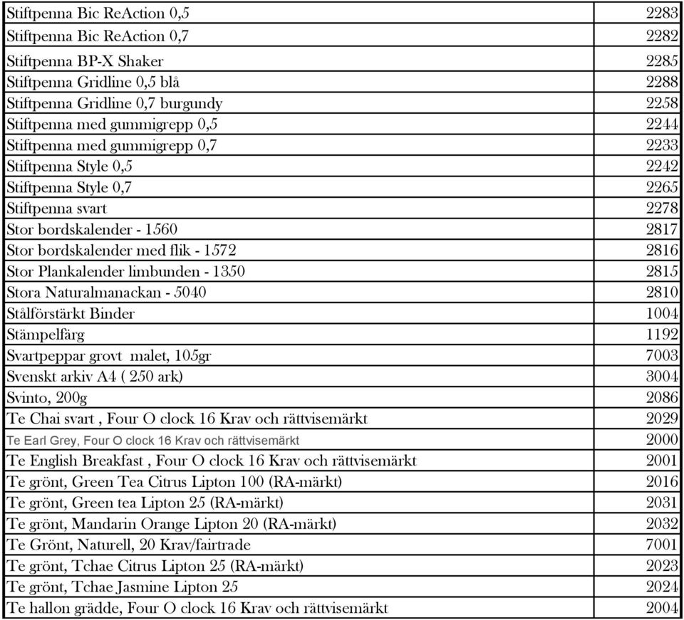 limbunden - 1350 2815 Stora Naturalmanackan - 5040 2810 Stålförstärkt Binder 1004 Stämpelfärg 1192 Svartpeppar grovt malet, 105gr 7003 Svenskt arkiv A4 ( 250 ark) 3004 Svinto, 200g 2086 Te Chai