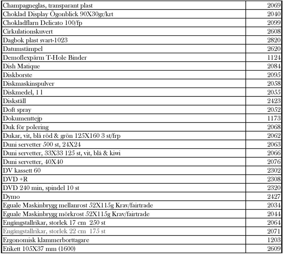 125X160 3 st/frp 2062 Duni servetter 500 st, 24X24 2063 Duni servetter, 33X33 125 st, vit, blå & kiwi 2066 Duni servetter, 40X40 2076 DV kassett 60 2302 DVD +R 2308 DVD 240 min, spindel 10 st 2320