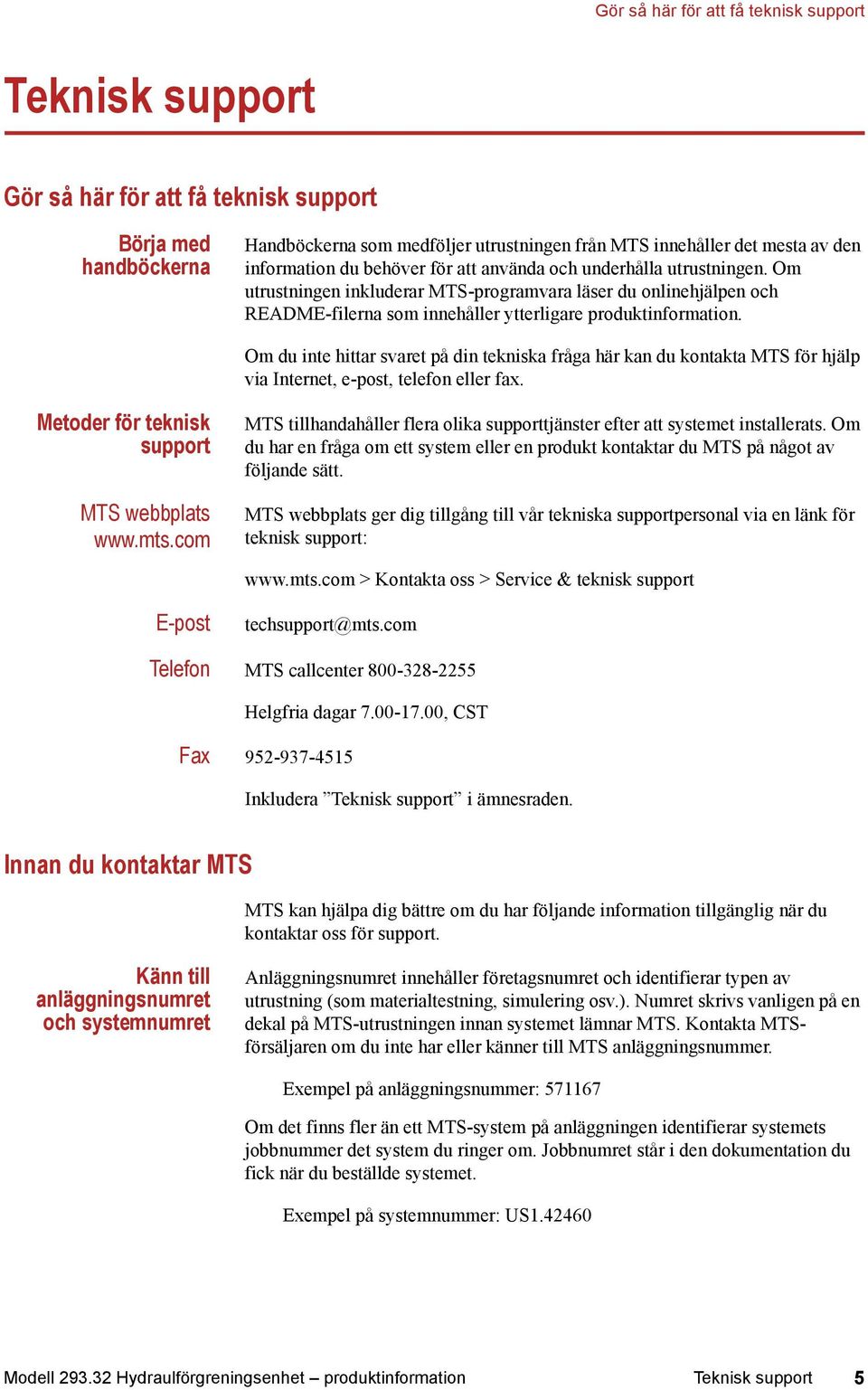 Om du inte hittar svaret på din tekniska fråga här kan du kontakta MTS för hjälp via Internet, e-post, telefon eller fax. Metoder för teknisk support MTS webbplats www.mts.