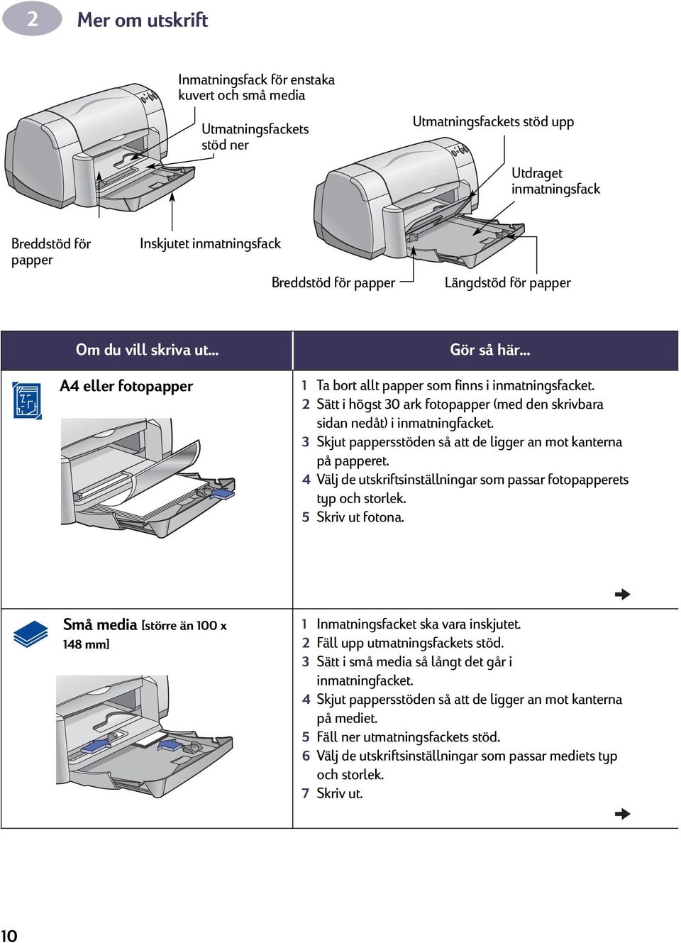 2 Sätt i högst 30 ark fotopapper (med den skrivbara sidan nedåt) i inmatningfacket. 3 Skjut pappersstöden så att de ligger an mot kanterna på papperet.