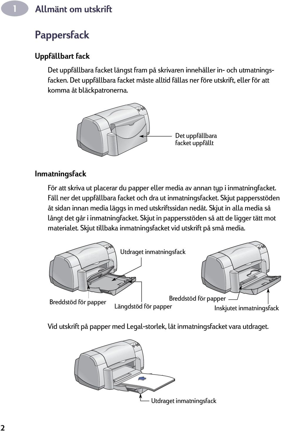 Det uppfällbara facket uppfällt Inmatningsfack För att skriva ut placerar du papper eller media av annan typ i inmatningfacket. Fäll ner det uppfällbara facket och dra ut inmatningsfacket.