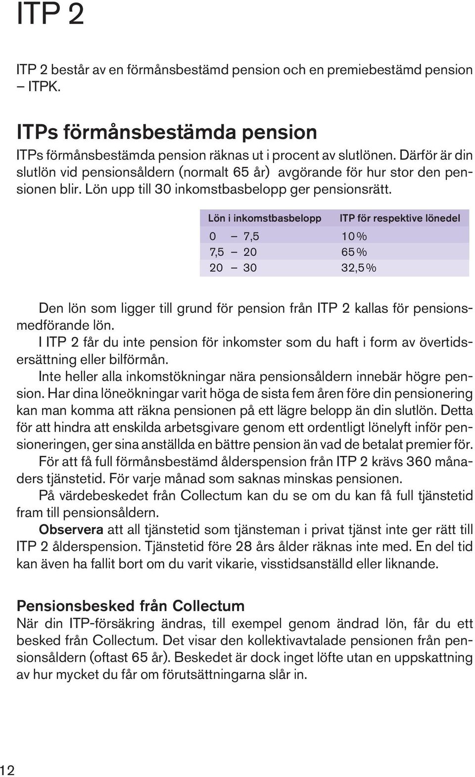 Lön i inkomstbasbelopp ITP för respektive lönedel 0 7,5 10 % 7,5 20 65 % 20 30 32,5 % Den lön som ligger till grund för pension från ITP 2 kallas för pensionsmedförande lön.