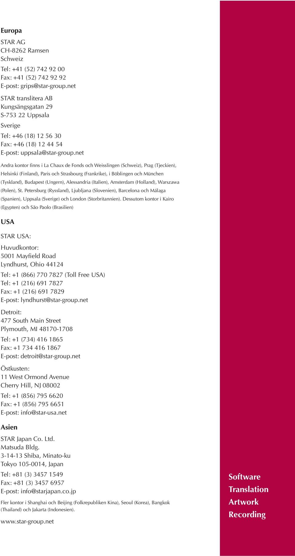 net Andra kontor finns i La Chaux de Fonds och Weisslingen (Schweiz), Prag (Tjeckien), Helsinki (Finland), Paris och Strasbourg (Frankrike), i Böblingen och München (Tyskland), Budapest (Ungern),