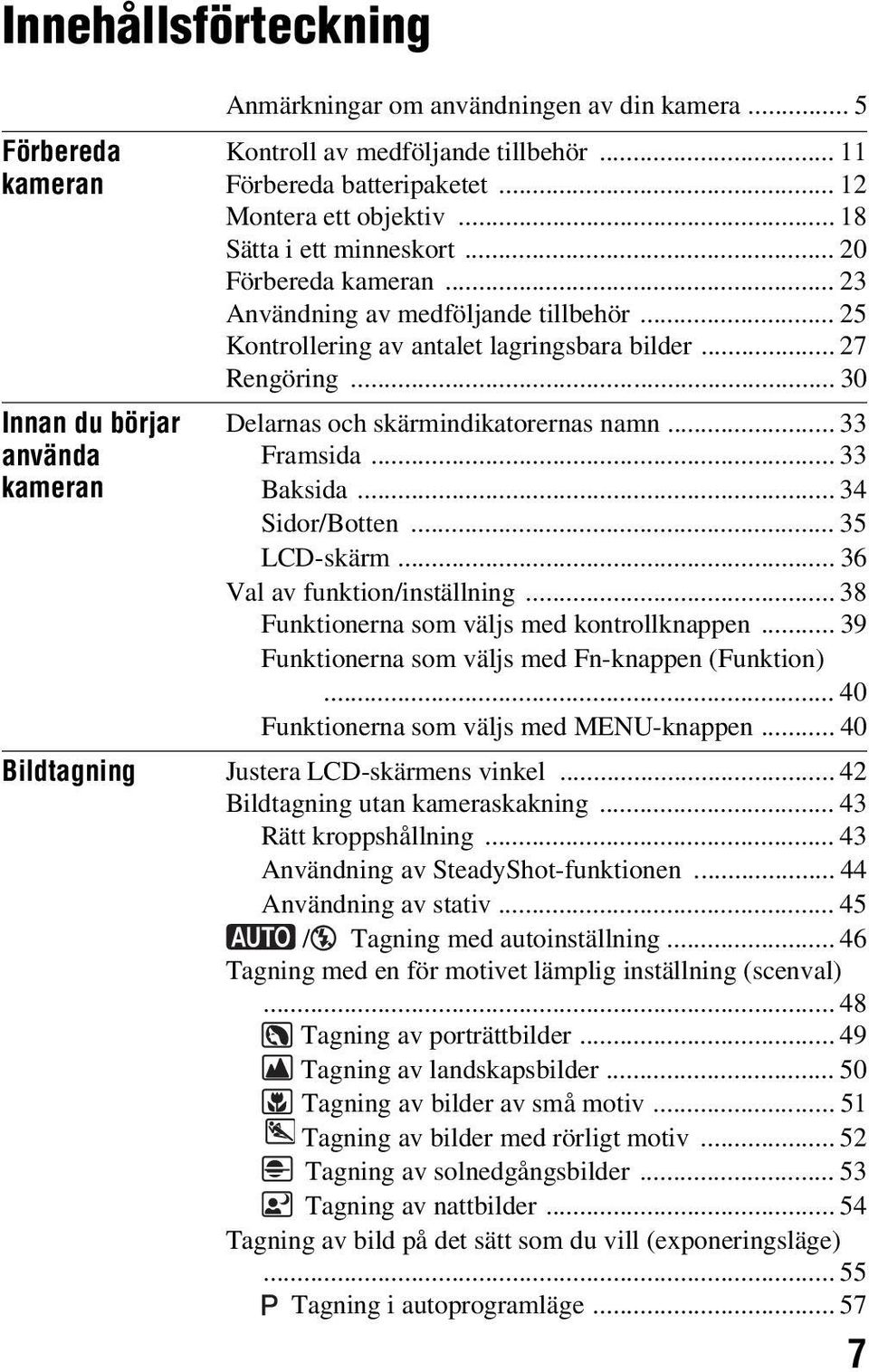 .. 30 Delarnas och skärmindikatorernas namn... 33 Framsida... 33 Baksida... 34 Sidor/Botten... 35 LCD-skärm... 36 Val av funktion/inställning... 38 Funktionerna som väljs med kontrollknappen.