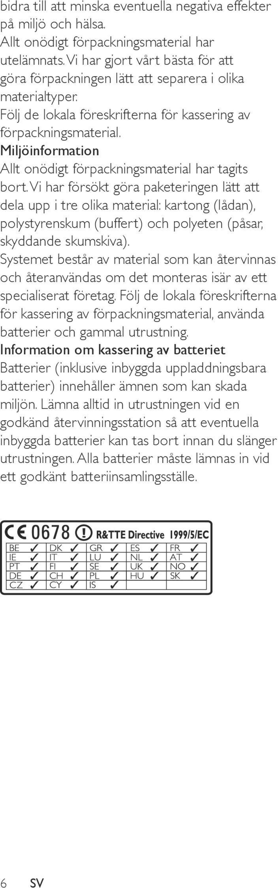 Miljöinformation Allt onödigt förpackningsmaterial har tagits bort.