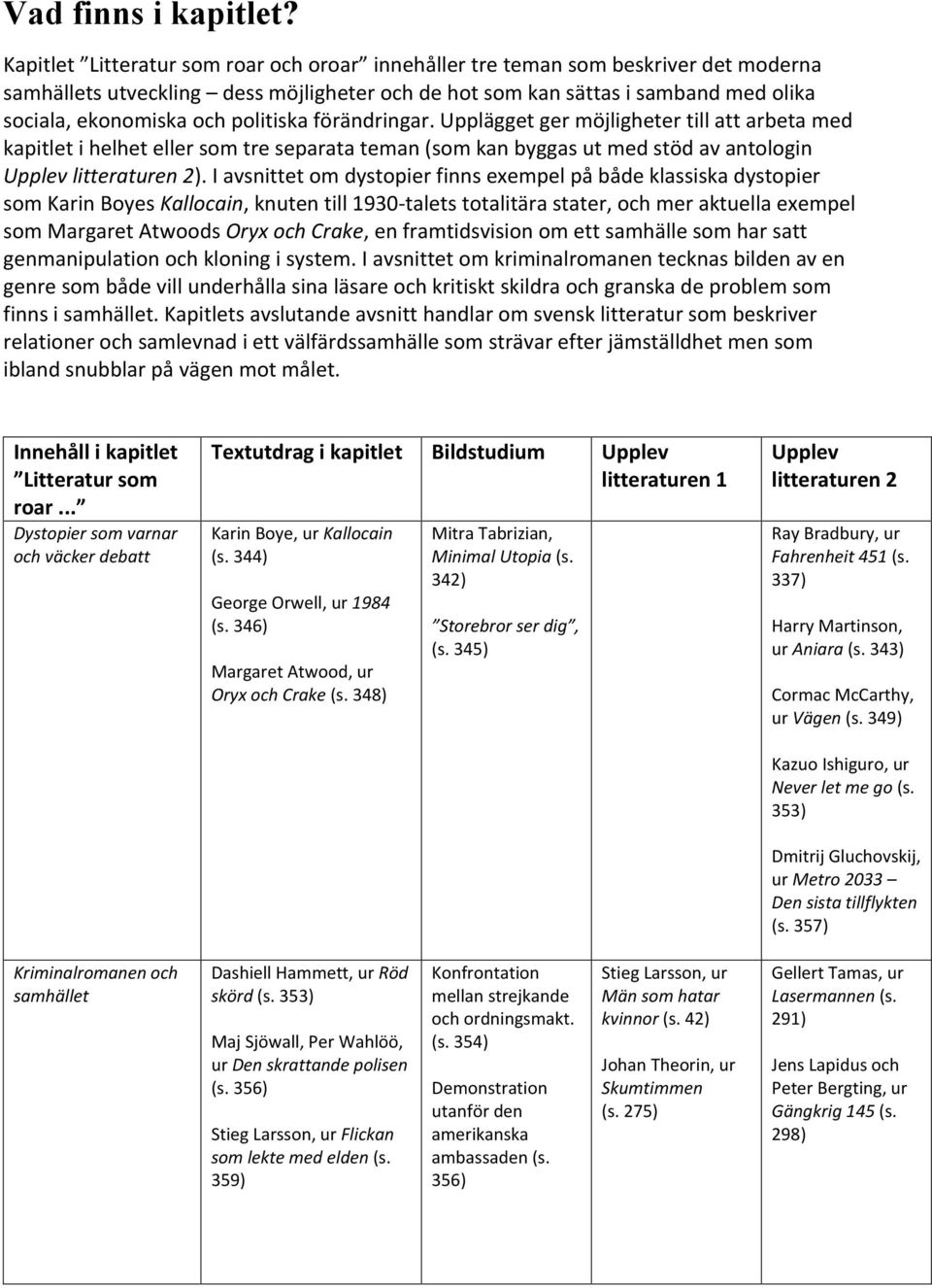 politiska förändringar. Upplägget ger möjligheter till att arbeta med kapitlet i helhet eller som tre separata teman (som kan byggas ut med stöd av antologin Upplev litteraturen 2).