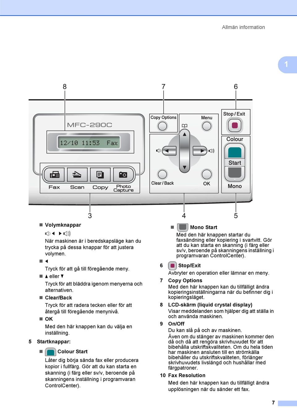 OK Med den här knappen kan du välja en inställning. 5 Startknappar: Colour Start Låter dig börja sända fax eller producera kopior i fullfärg.