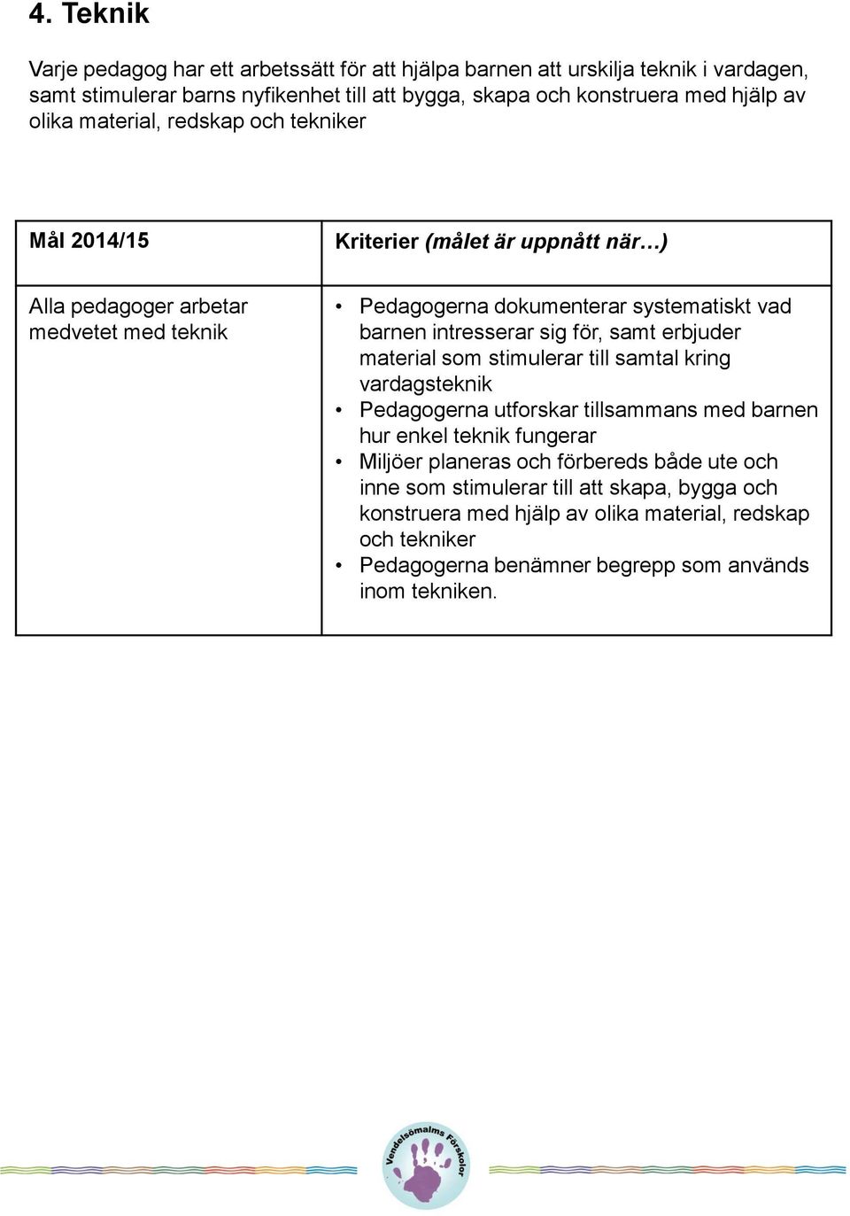 intresserar sig för, samt erbjuder material som stimulerar till samtal kring vardagsteknik Pedagogerna utforskar tillsammans med barnen hur enkel teknik fungerar Miljöer planeras