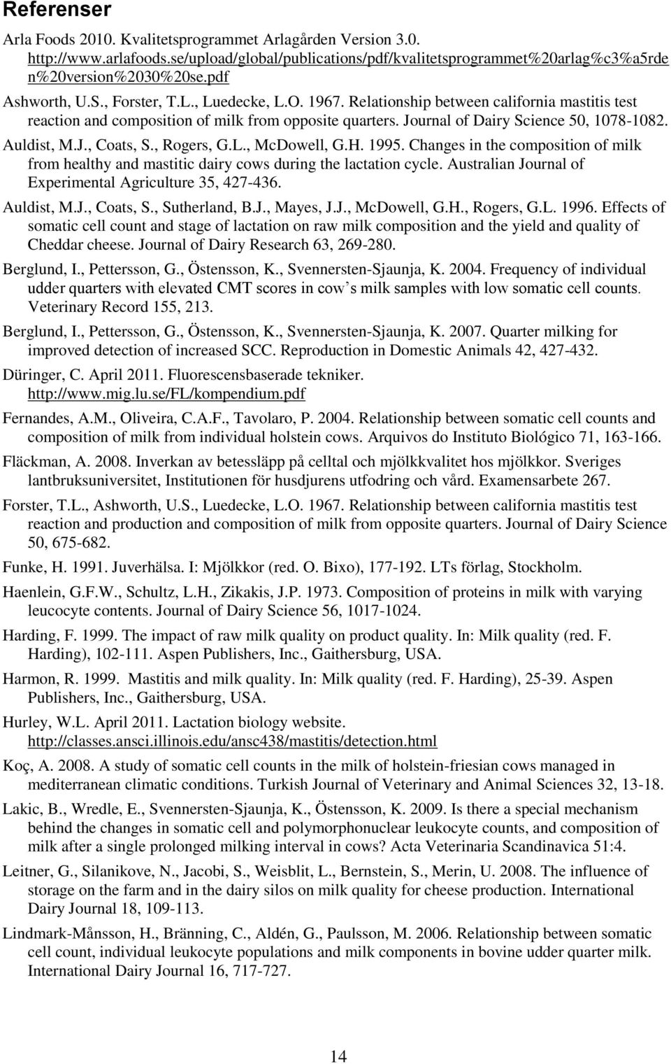 Auldist, M.J., Coats, S., Rogers, G.L., McDowell, G.H. 1995. Changes in the composition of milk from healthy and mastitic dairy cows during the lactation cycle.