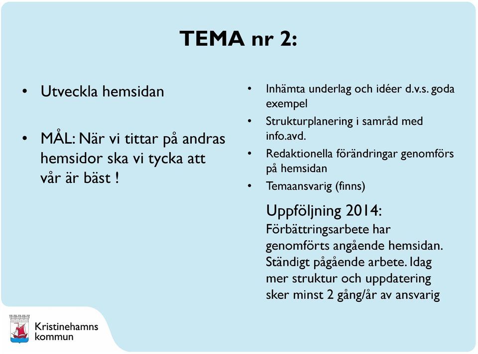 Redaktionella förändringar genomförs på hemsidan Temaansvarig (finns) Förbättringsarbete har