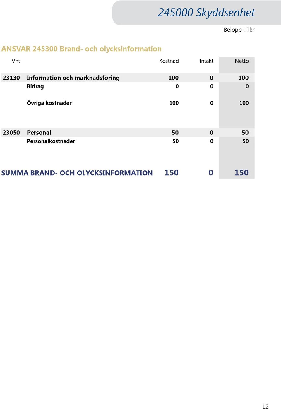 Information och marknadsföring 100 0 100 Bidrag 0 0 0 Övriga kostnader 100 0 100