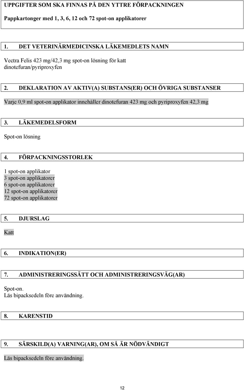 DEKLARATION AV AKTIV(A) SUBSTANS(ER) OCH ÖVRIGA SUBSTANSER Varje 0,9 ml spot-on applikator innehåller dinotefuran 423 mg och pyriproxyfen 42,3 mg 3. LÄKEMEDELSFORM Spot-on lösning 4.