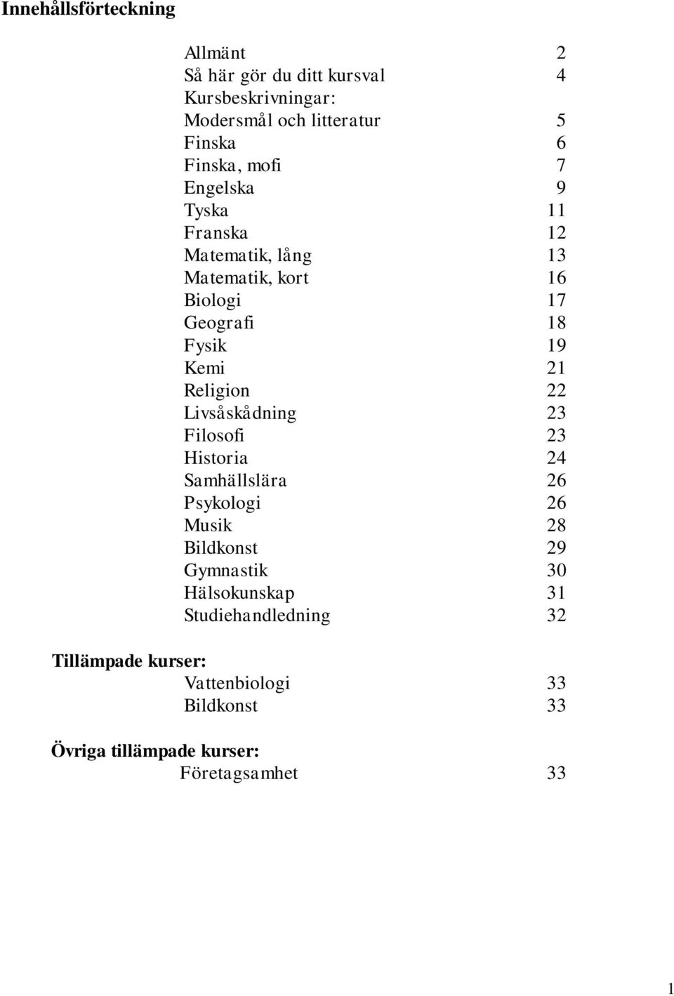 21 Religion 22 Livsåskådning 23 Filosofi 23 Historia 24 Samhällslära 26 Psykologi 26 Musik 28 Bildkonst 29 Gymnastik 30