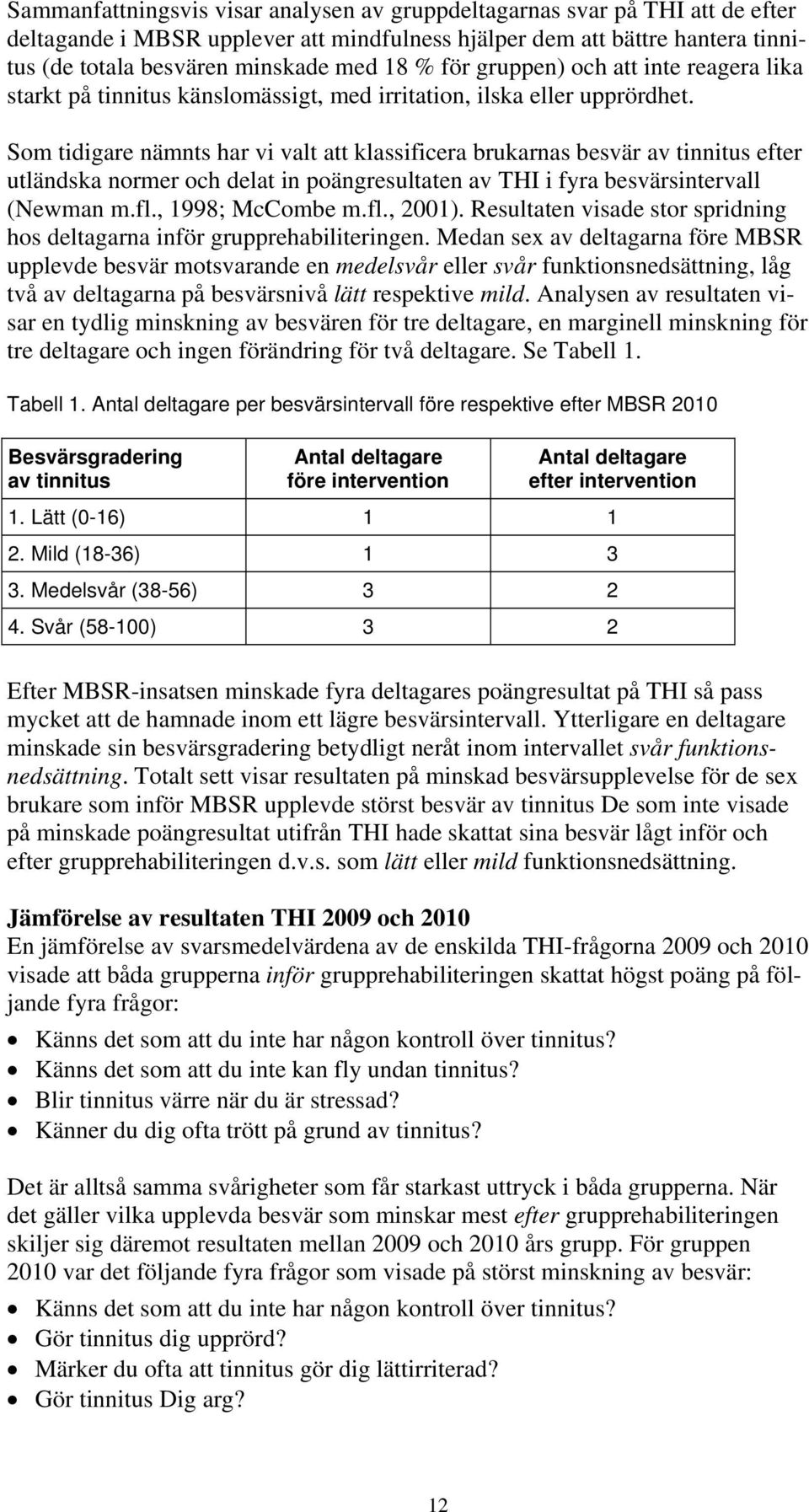 Som tidigare nämnts har vi valt att klassificera brukarnas av tinnitus efter utländska normer och delat in poängresultaten av THI i fyra sintervall (Newman m.fl., 1998; McCombe m.fl., 2001).