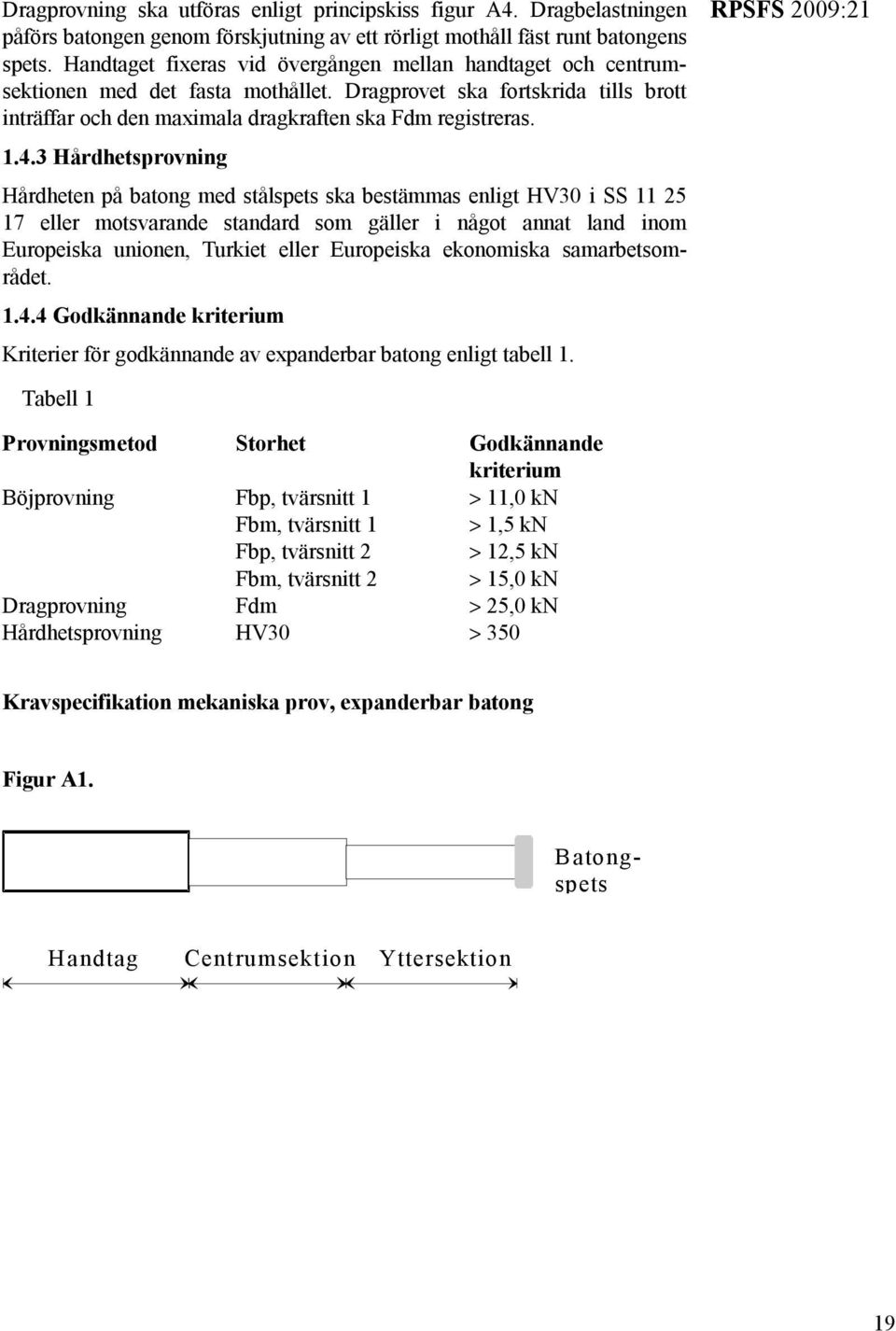 3 Hårdhetsprovning 1.4.4 Godkännande kriterium Kriterier för godkännande av expanderbar batong enligt tabell 1.