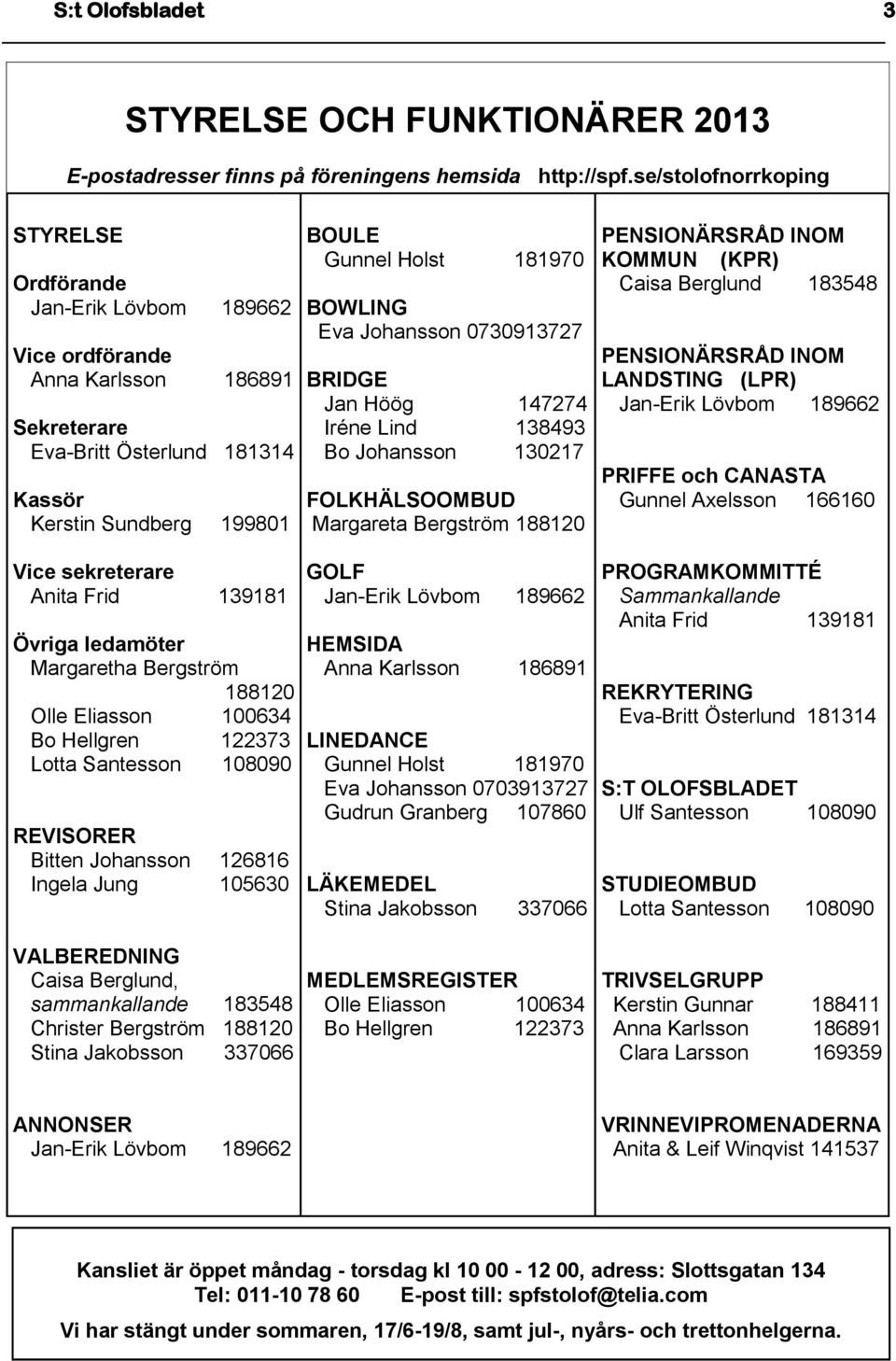 BOWLING Eva Johansson 0730913727 BRIDGE Jan Höög 147274 Iréne Lind 138493 Bo Johansson 130217 FOLKHÄLSOOMBUD Margareta Bergström 188120 PENSIONÄRSRÅD INOM KOMMUN (KPR) Caisa Berglund 183548