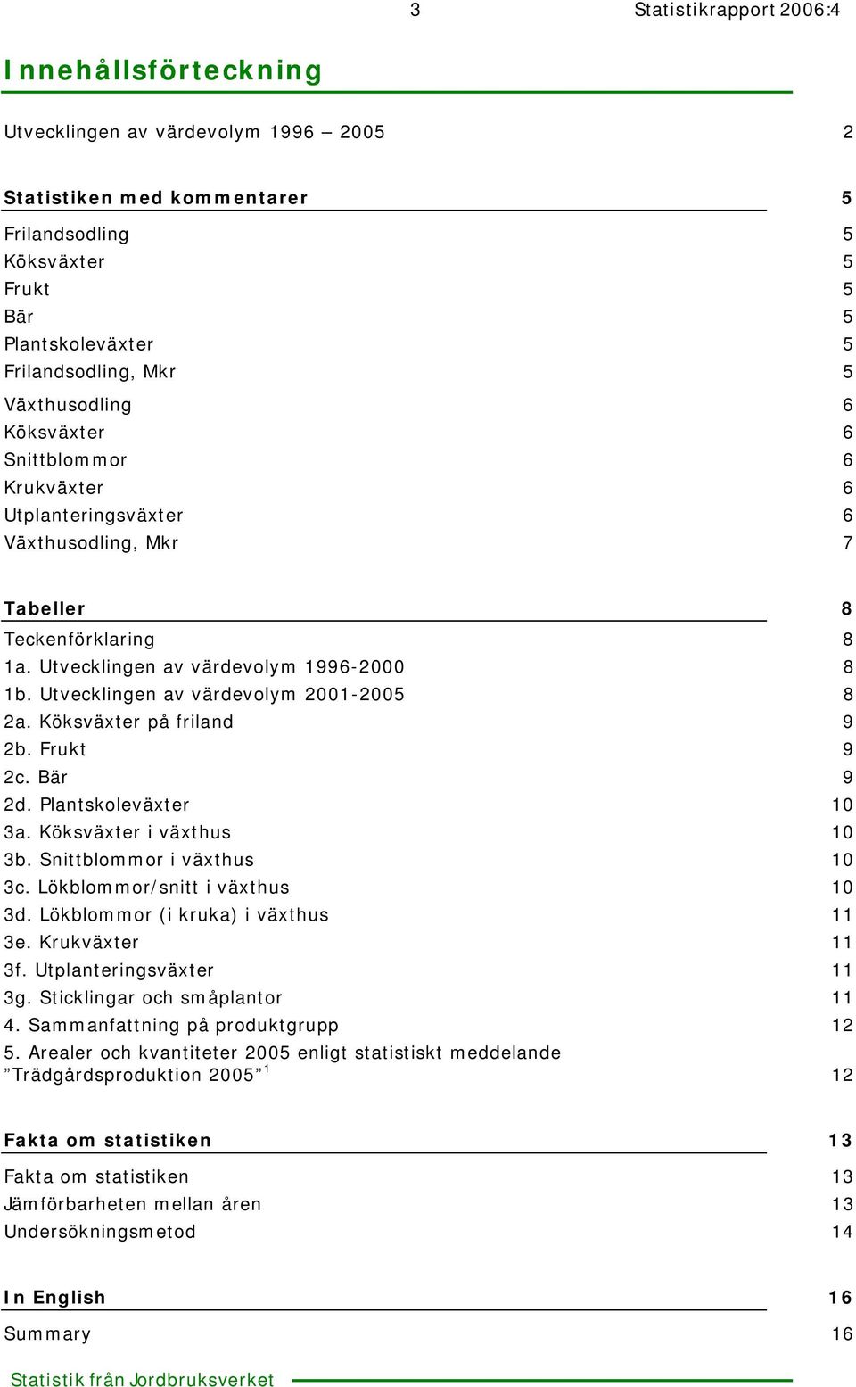 Utvecklingen av värdevolym 2001-8 2a. Köksväxter på friland 9 2b. Frukt 9 2c. Bär 9 2d. Plantskoleväxter 10 3a. Köksväxter i växthus 10 3b. Snittblommor i växthus 10 3c.